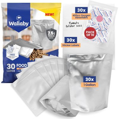 Wallaby 30 Count 1-Gallon Gusset Mylar Bags with 400cc Oxygen Absorbers, 15 Mil Total Thickness Long-Term Food Storage Pouches, 10x14 Stand-Up Zipper Heat-Sealable Airtight Packaging - Silver