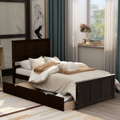 Bellemave Twin Size Platform Bed with Storage Drawers, Wooden Bed Frame with Headboard and Footboard, No Box Spring Need, Espresso