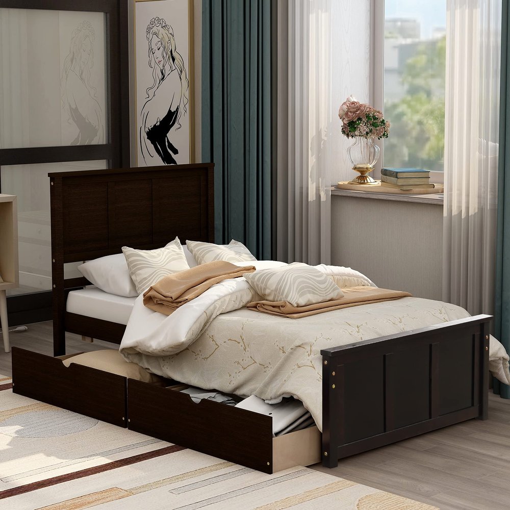 Bellemave Twin Size Platform Bed with Storage Drawers, Wooden Bed Frame with Headboard and Footboard, No Box Spring Need, Espresso
