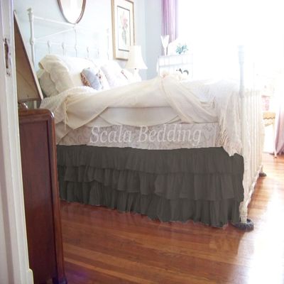 1 Piece Solid 20" Drop Split Corner Multi Ruffle Bed Skirt 600TC Egyptian Cotton (Gray, Queen)