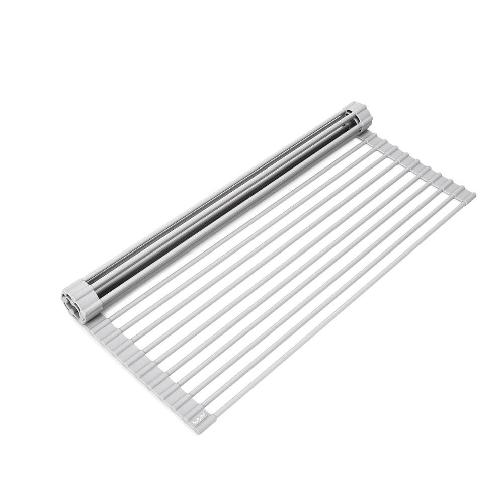 Surpahs 20.5 x 15.5 Inch Roll-Up Dish Drying Rack, Fits Across Sink Openings up to 19.5 Inches, Heavy-Duty Premium Silicone, Strong Support, Non-Slip, Heat-Resistant, Warm Gray
