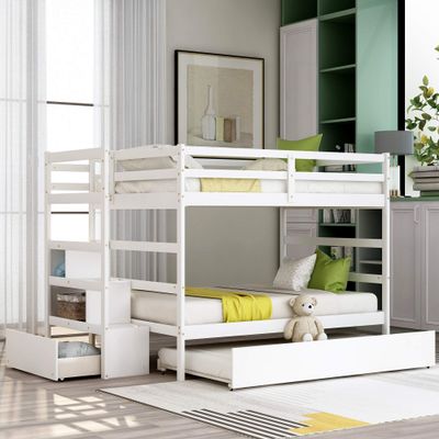 AOCHUANG Soild Wood Full Over Full Bunk Bed with Twin Size Trundle, Storage Shelf, and Drawer, Full Over Full Bunk Bed for Kids/Teens/Adults, No Box Spring Needed (White)