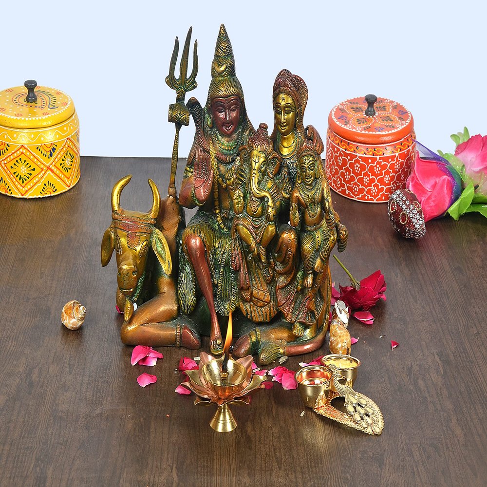 AONA Brass Shiv Parivar Shiva Family Idol Family Sitting On Nandi Home Decor Height 8 Inch