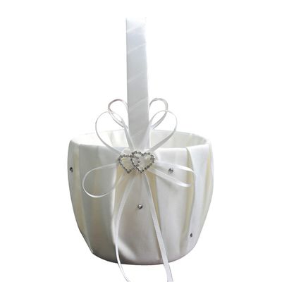 BridalThin Bow and Rhinestone Basket Flower Girl Heart-shape Decor Basket Ring Bearer Basket for Wedding Party Decoration
