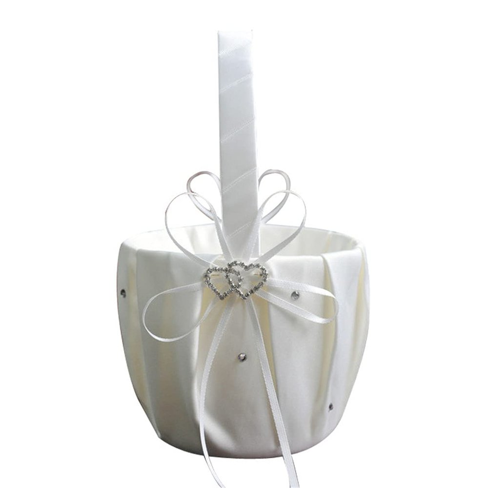 BridalThin Bow and Rhinestone Basket Flower Girl Heart-shape Decor Basket Ring Bearer Basket for Wedding Party Decoration