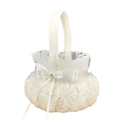 BridalSatin Lace Decor Basket Flower Girl Beige Rose Basket Ring Bearer Basket for Wedding Party Decoration