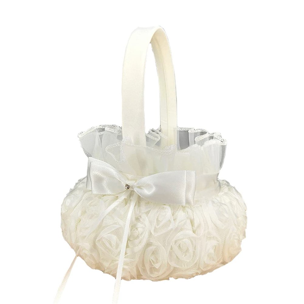 BridalSatin Lace Decor Basket Flower Girl Beige Rose Basket Ring Bearer Basket for Wedding Party Decoration