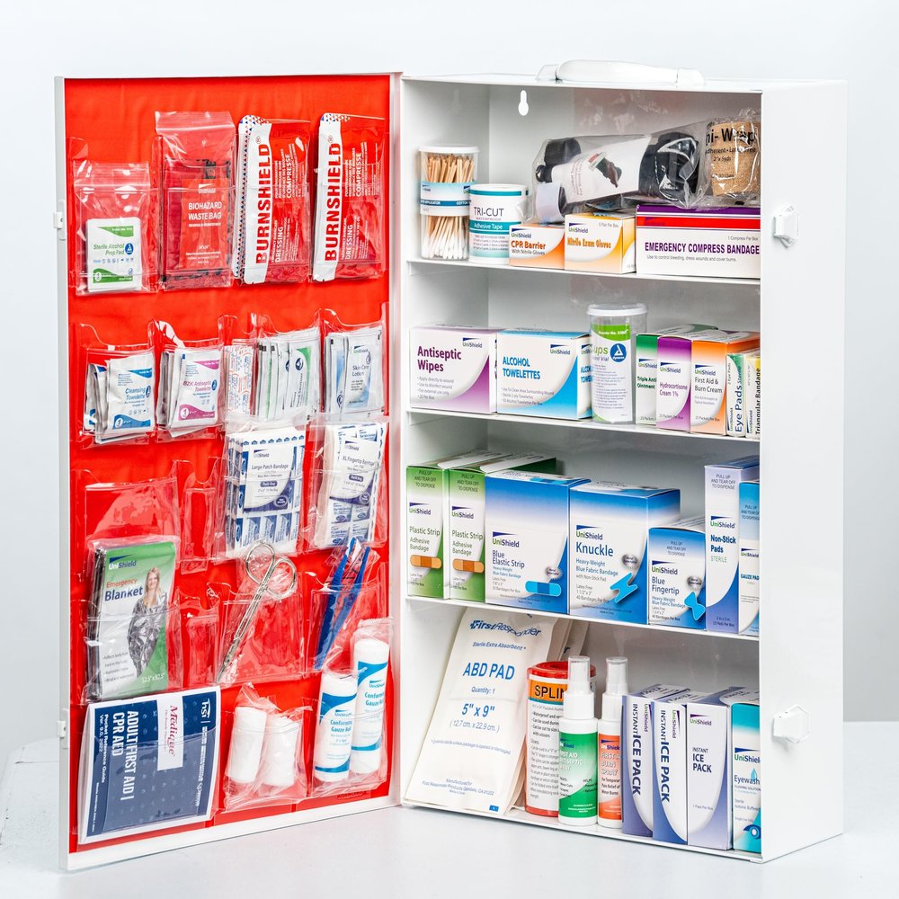 UniShield 4-Shelf Restaurant Metal 1st Aid Cabinet Class B, Large Capacity First Aid Wall Mount Medicine Cabinet, Secure Metal Med Box with Easy Access, Exceeds OSHA/ANSI Z308.1 2015, Over 750 Pieces