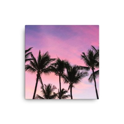 12x12 Maui Palm Trees Sunset Canvas Wall Art: Hawaii Tropical Home Decor Artwork, Hawaiian Sunrise Photo Print for Office Living Room or Bedroom, Pink and Purple Fine Art Photography