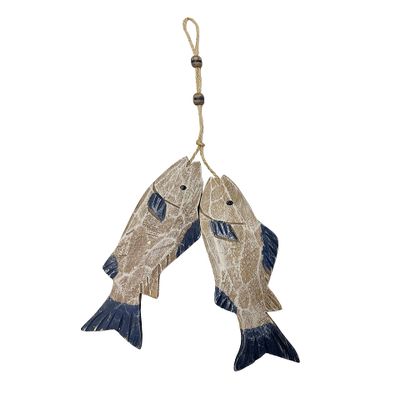 Set of 2 Hanging Nautical Wooden Fish Wall Sculpture 10''H Hand Carved Nautical Decorated Mediterranean Style Rustic Wood Fishing Beach Themed Wall Decor