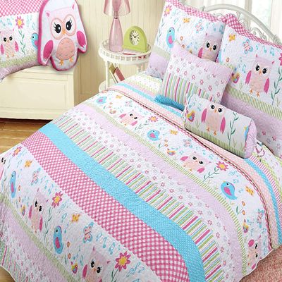 Cozy Line Home Fashions Spring Time Fun Singing Birds Owl Floral Heart Polka Dot Multi-Color Pink Blue Green Stripe Polyester Twin Quilt Bedding Set with Dcor Throw Pillows
