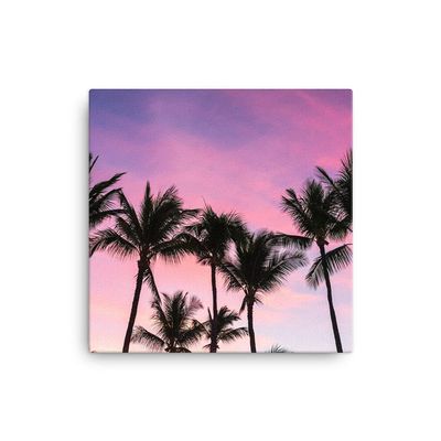 16x16 Maui Palm Trees Sunset Canvas Wall Art: Hawaii Tropical Home Decor Artwork, Hawaiian Sunrise Photo Print for Office Living Room or Bedroom, Pink and Purple Fine Art Photography