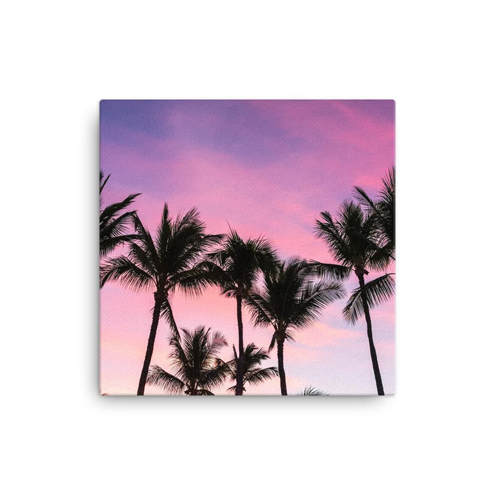 16x16 Maui Palm Trees Sunset Canvas Wall Art: Hawaii Tropical Home Decor Artwork, Hawaiian Sunrise Photo Print for Office Living Room or Bedroom, Pink and Purple Fine Art Photography