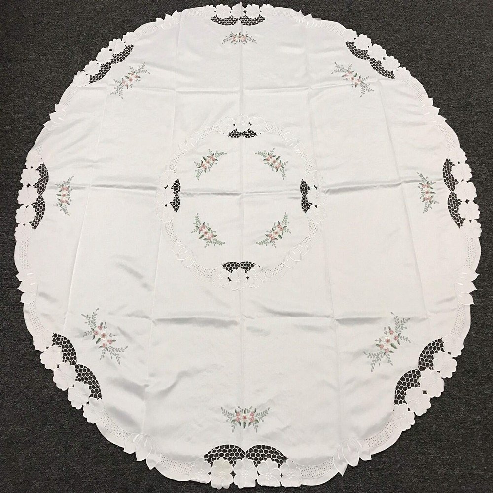 72x72 Round Embroidered Handmade Rose Bud Embroidery Tablecloth
