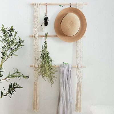 3-Tier Macrame Wood Decorative Hanging Wall Towel Blanket Shelf, Bathroom Storage Toilet Paper Display Rack, Farmhouse Towel Holder for Kitchen, Bathroom, Bedroom, Entryway (Beige)