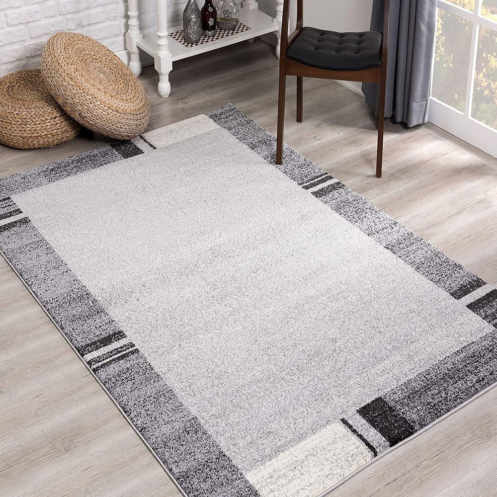 HomeRoots Grey 100% Twisted Polyester 8 x 11 Gray Modern Bordered Area Rug