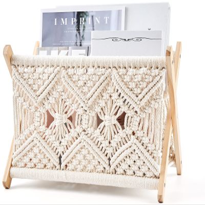 Mkono Macrame Magazine Rack Boho Storage Holder Standing Basket for Books, Newspapers, Swaddle Blanket, Dorm Essentials, Living Room, Bathroom, Office, Nursery, Home Decor, Medium Size, 14L x 10W