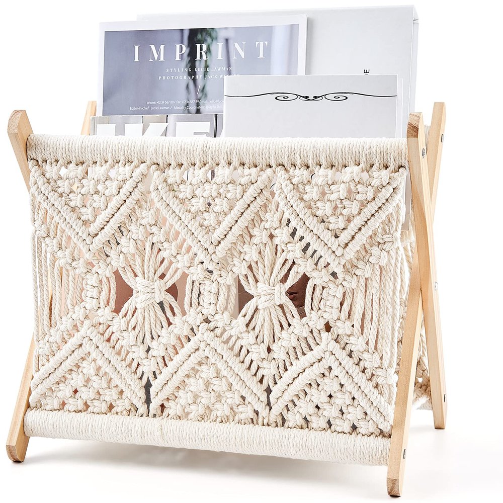 Mkono Macrame Magazine Rack Boho Storage Holder Standing Basket for Books, Newspapers, Swaddle Blanket, Dorm Essentials, Living Room, Bathroom, Office, Nursery, Home Decor, Medium Size, 14L x 10W