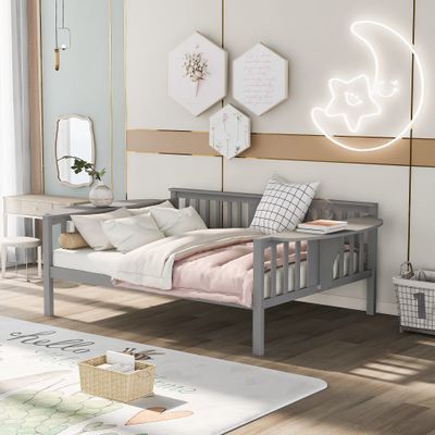 Wooden Daybed with Three Rails, Full Size Daybed with Side Table, Wood Slat Support, No Box Spring Needed, Easy Assembly, Sofa Bed for Bedroom/Guest Room/Living Room (Gray)
