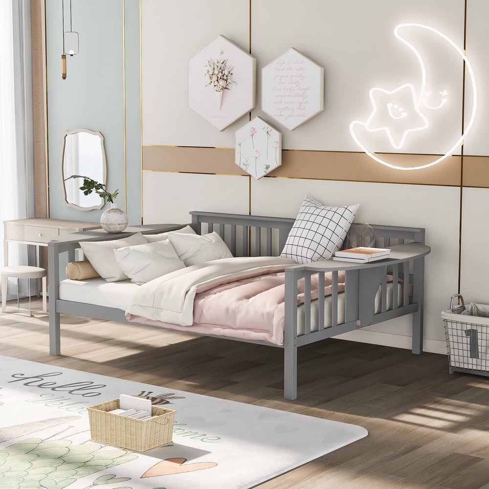 Wooden Daybed with Three Rails, Full Size Daybed with Side Table, Wood Slat Support, No Box Spring Needed, Easy Assembly, Sofa Bed for Bedroom/Guest Room/Living Room (Gray)