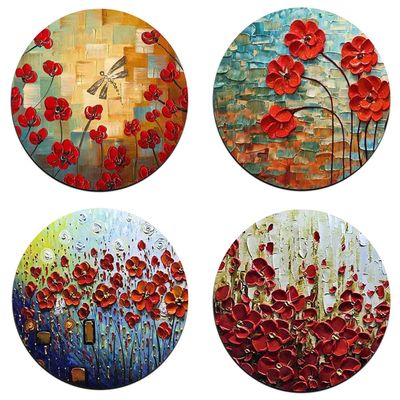 Red Watercolor Flowers Round Coaster Set-Made of Recycled Rubber-Set of 4