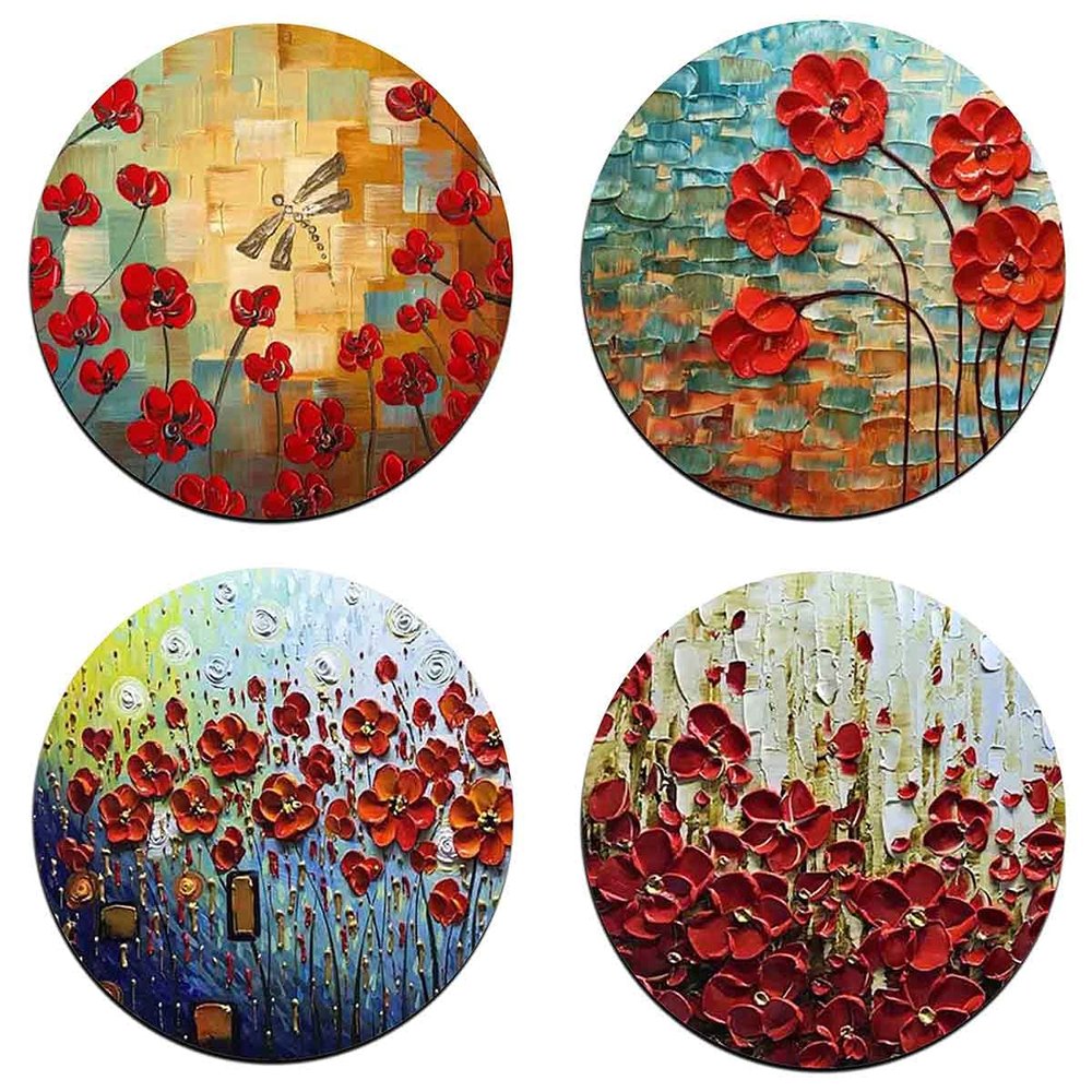 Red Watercolor Flowers Round Coaster Set-Made of Recycled Rubber-Set of 4