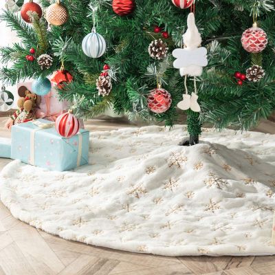 Atiming White Christmas Tree Skirt Plush 56 inch Large Snow Fur Christmas Tree Skirt Mat with Gold Sequin Snowflake Xmas Tree Skirt Base Cover for Christmas New Year Decorations (White-G, 145cm)
