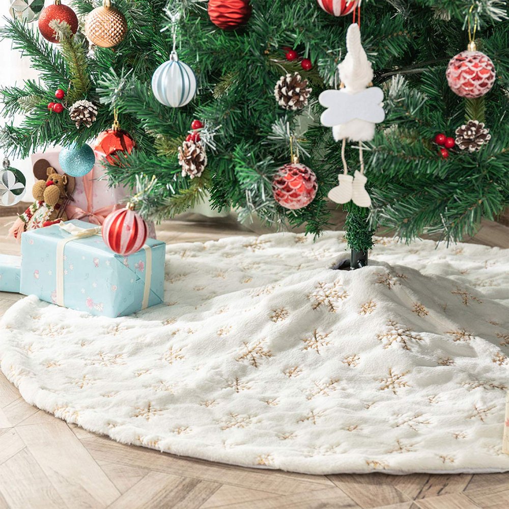Atiming White Christmas Tree Skirt Plush 56 inch Large Snow Fur Christmas Tree Skirt Mat with Gold Sequin Snowflake Xmas Tree Skirt Base Cover for Christmas New Year Decorations (White-G, 145cm)