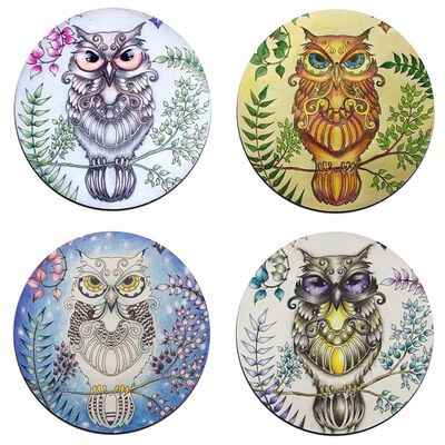 Watercolor Owl Round Coaster Set - Made of Recycled Rubber - Set of 4