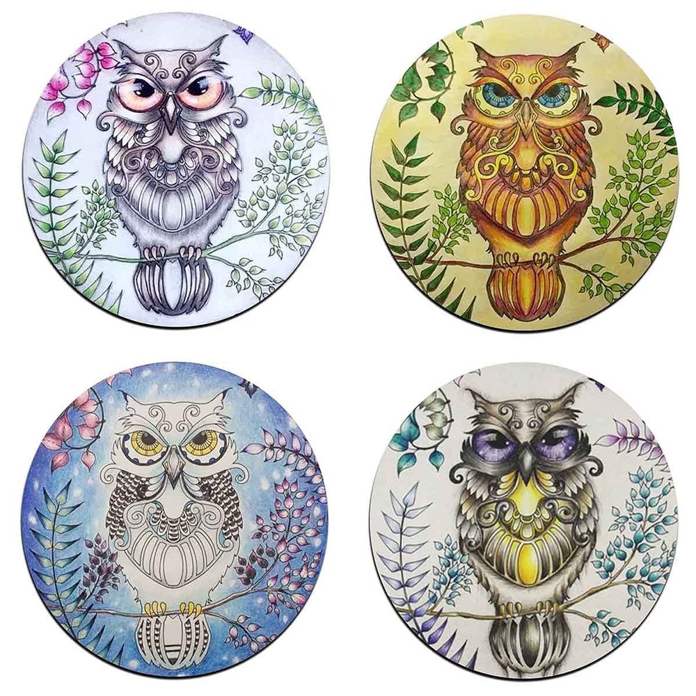 Watercolor Owl Round Coaster Set - Made of Recycled Rubber - Set of 4