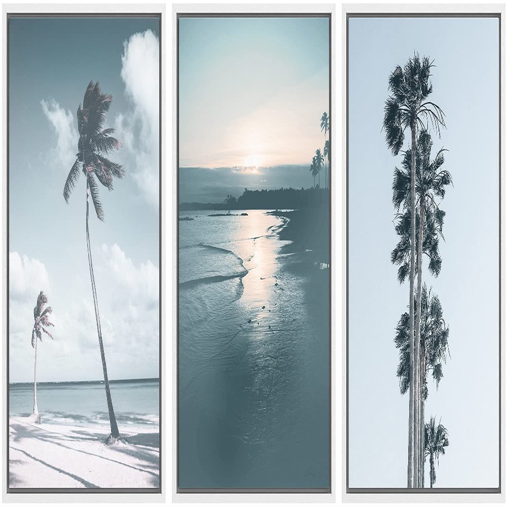 SIGNWIN Framed Wall Art Print Set Retro Film Grain Palm Tree Set Nature Wilderness Photography Modern Art Scenic Relax/Calm Multicolor Pastel for Living Room, Bedroom, Office - 16"x24"x3 White