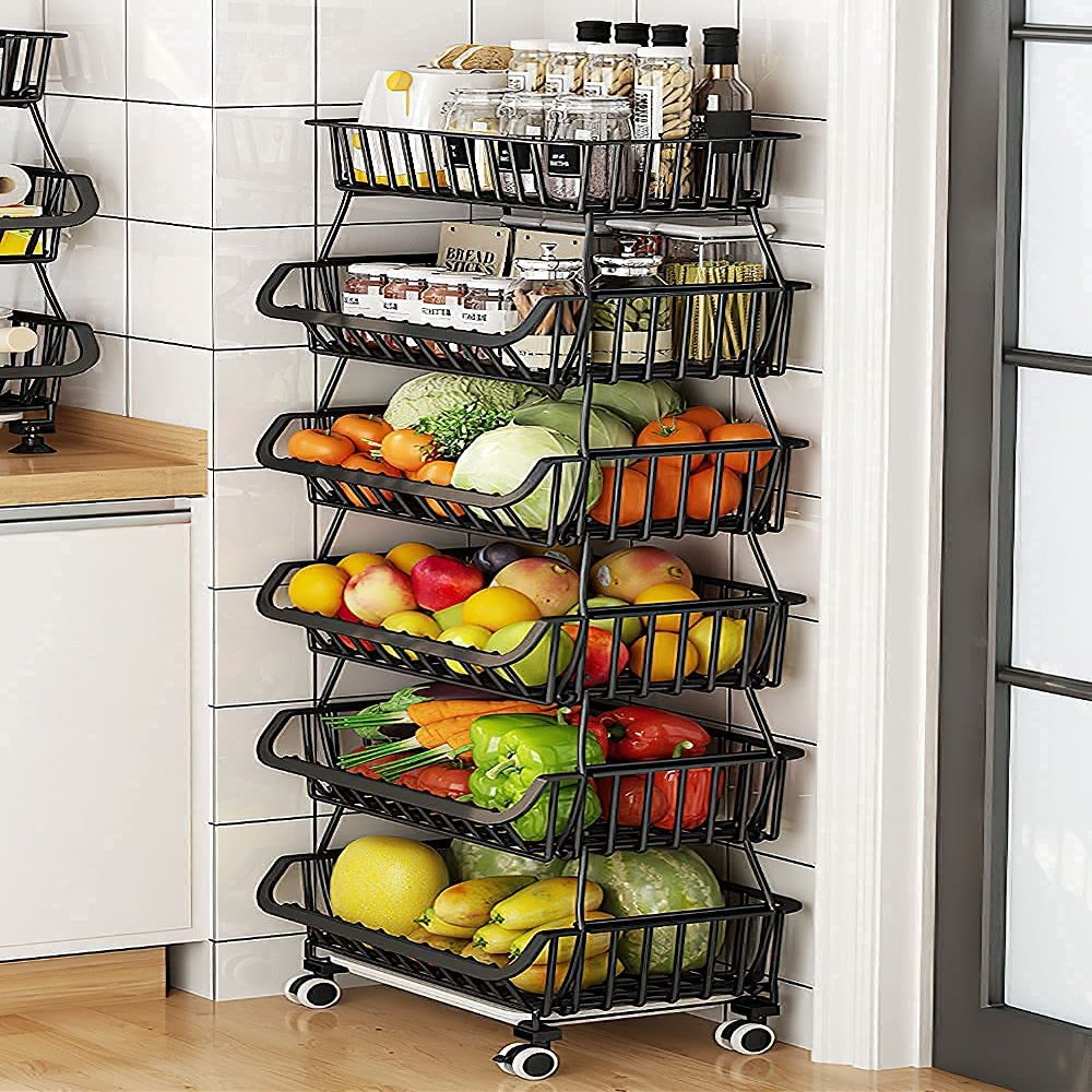 beey Kitchen Metal Storage Basket with Wheels Stackable Wire Utility Rolling Cart Vegetable Fruit Baskets Rack for Pantry,Potato,Onions,Beverages Storage(6 Tiers)