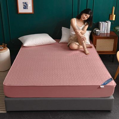 CFYCYHDZHT Hotel Bed Sheets Thick Quilted Cotton Non Slip Mattress Protection Cover, Bedroom Hotel Solid Color Single Double King Size Mattress top hat Pink 120200cm