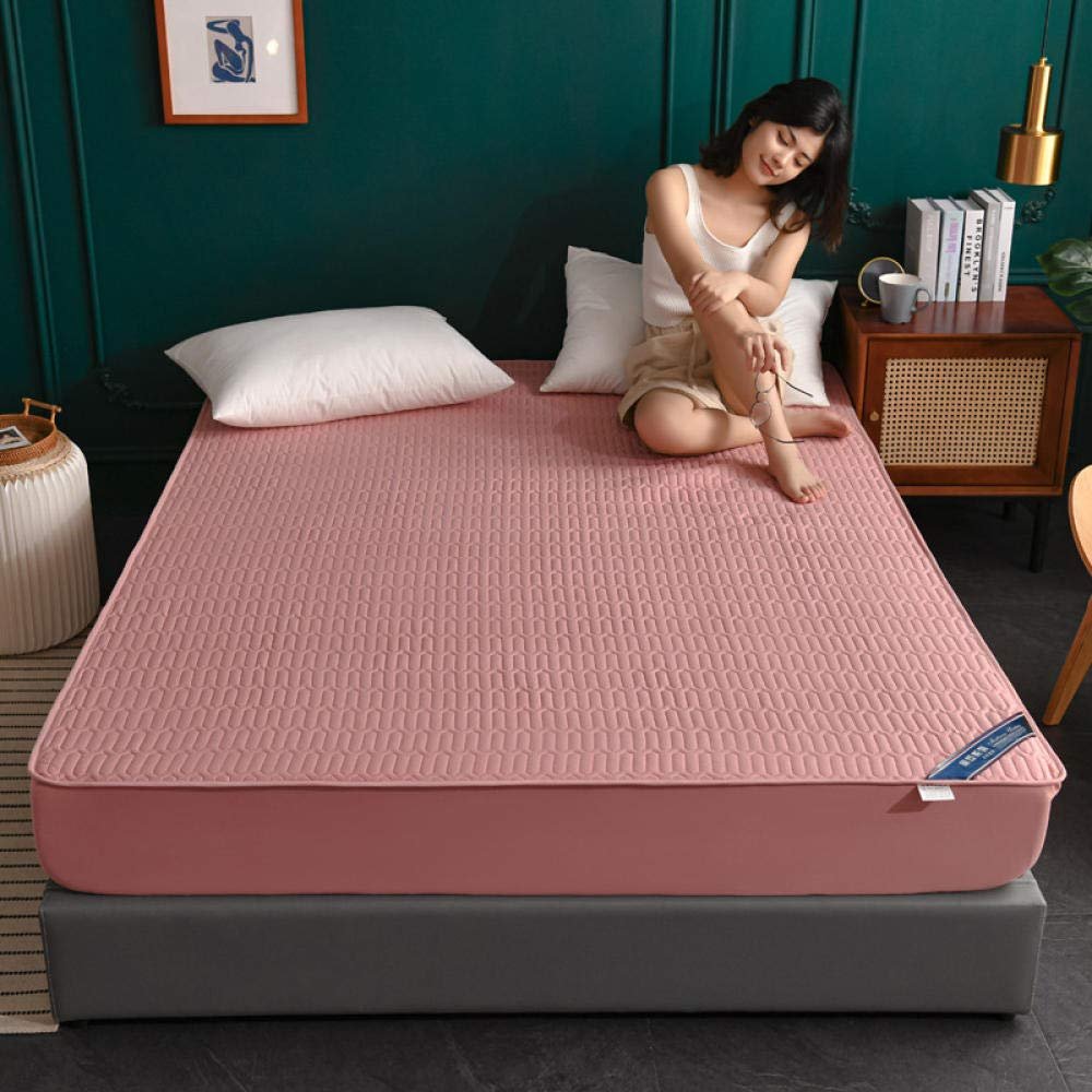 CFYCYHDZHT Flat Fitted Sheets Thick Quilted Cotton Non Slip Mattress Protection Cover, Bedroom Hotel Solid Color Single Double King Size Mattress top hat Pink 150200cm