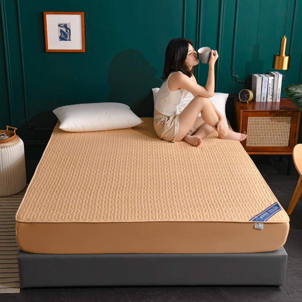 CFYCYHDZHT Easy Care Fitted Sheet Thick Quilted Cotton Non Slip Mattress Protection Cover, Bedroom Hotel Solid Color Single Double King Size Mattress top hat Brown 180200cm