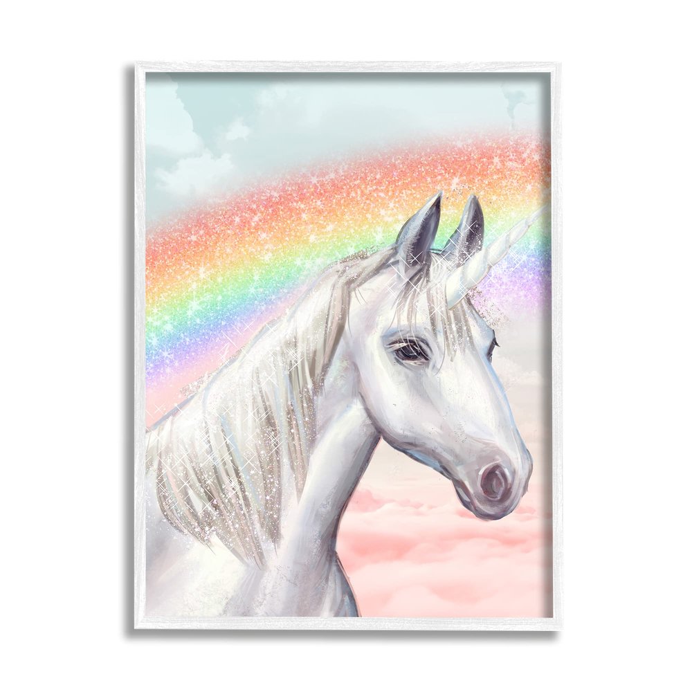 Stupell Industries White Unicorn Under Sparkle Rainbow Cloudy Sky