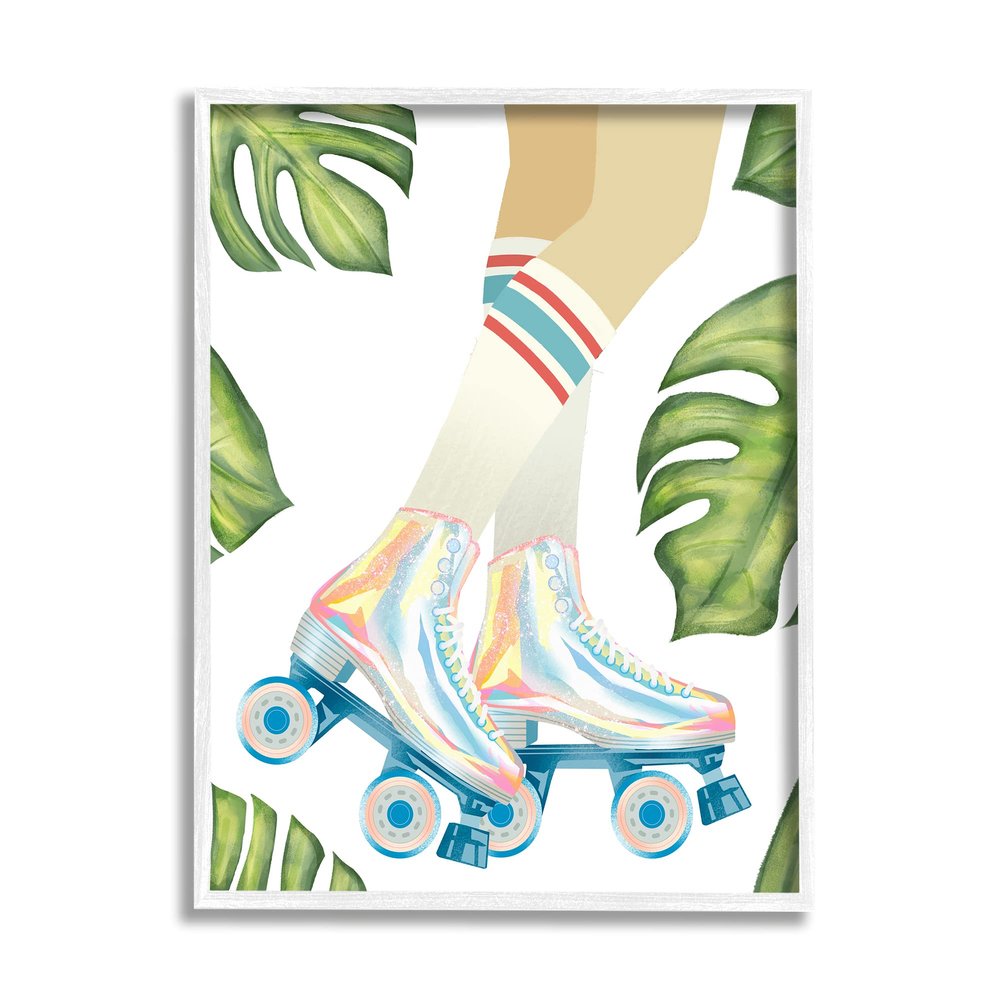 Stupell Industries Vintage Disco Roller Skates Striped Socks Monstera Plants
