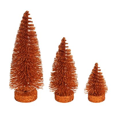Vickerman 3"-5"-7" Burnished Orange Glitter Oval Pine Artificial Christmas Tree, Set of 3 - Faux Christmas Tree Set - Seasonal Indoor Home Decor