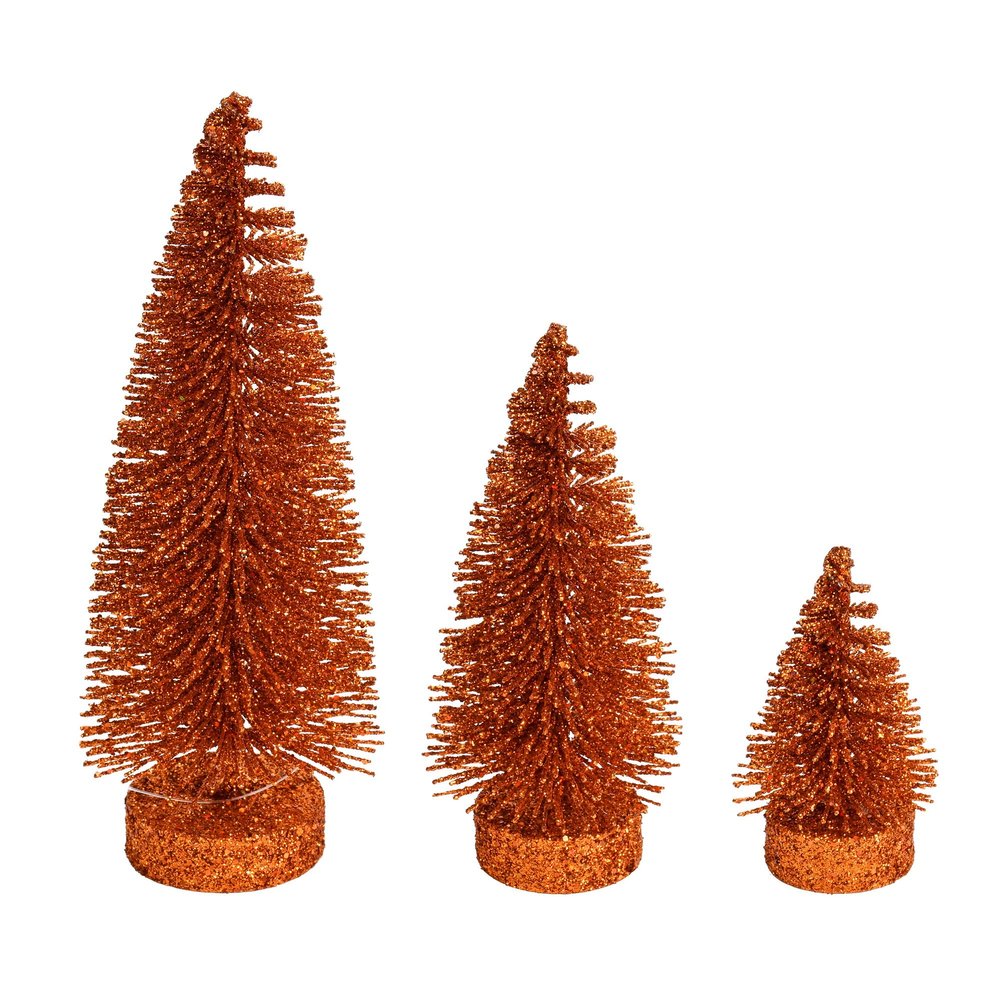 Vickerman 3"-5"-7" Burnished Orange Glitter Oval Pine Artificial Christmas Tree, Set of 3 - Faux Christmas Tree Set - Seasonal Indoor Home Decor