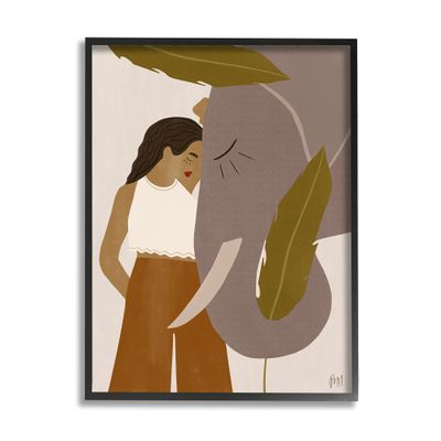 Stupell Industries Female Standing with Elephant Earth Tone Portrait