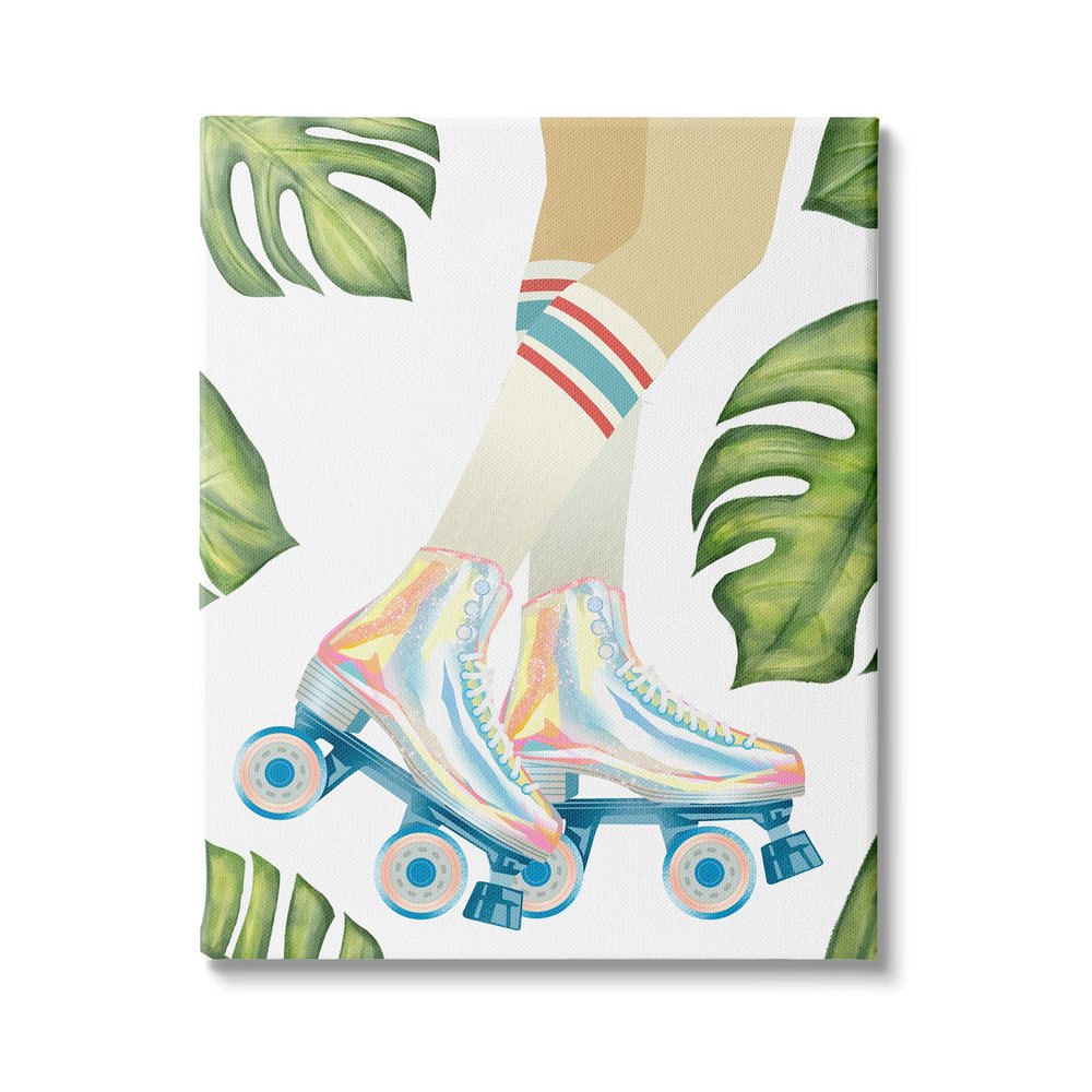 Stupell Industries Vintage Disco Roller Skates Striped Socks Monstera Plants
