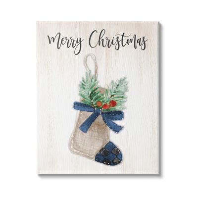 Stupell Industries Merry Christmas Phrase Rustic Blue Plaid Holiday Stocking