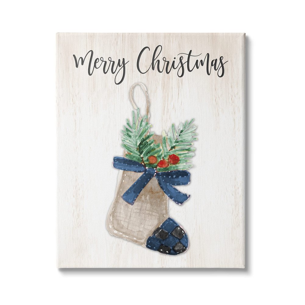 Stupell Industries Merry Christmas Phrase Rustic Blue Plaid Holiday Stocking
