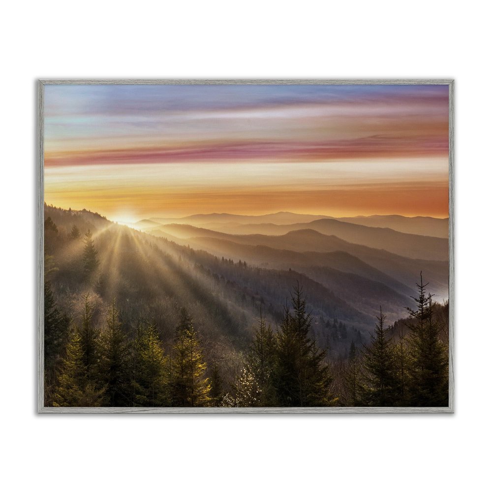 Stupell Industries Sunrise Through Mountain Forest Skyline Warm Sky, Designed by Danita Delimont Gray Framed Wall Art, 20 x 16, Orange