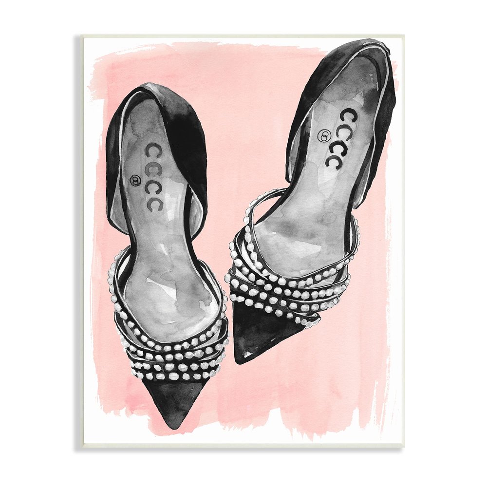 Stupell Industries Fashion Forward Black Heels Glam Shoes Over Pink