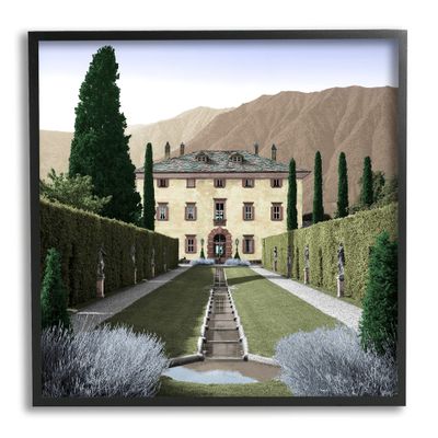Stupell Industries Classic European Villa Courtyard Cliffside Mansion Architecture, Designed by Alan Blaustein Black Framed Wall Art, 24 x 24, Brown
