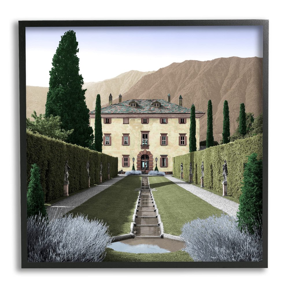Stupell Industries Classic European Villa Courtyard Cliffside Mansion Architecture, Designed by Alan Blaustein Black Framed Wall Art, 24 x 24, Brown
