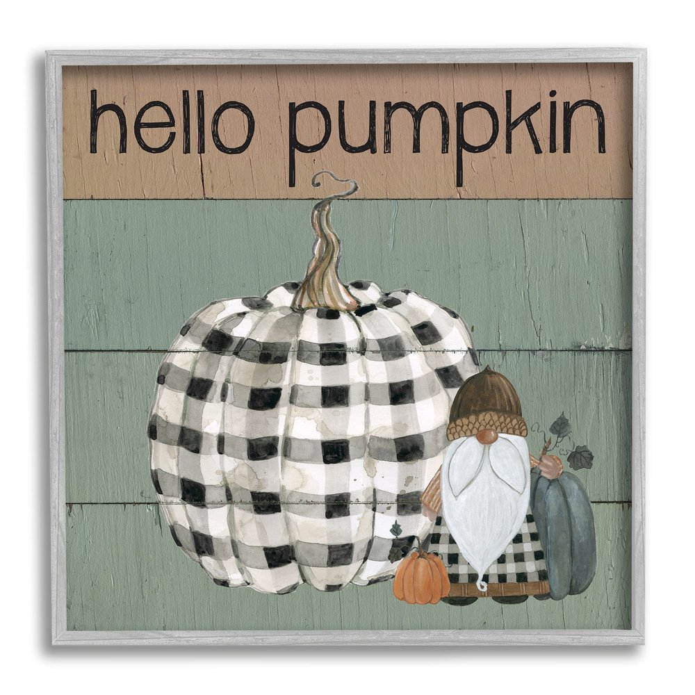 Stupell Industries Hello Pumpkin Rustic Greeting Patchwork Plaid Gnome