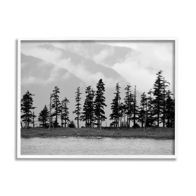 Stupell Industries Empty Pine Tree Forest Coast Line Misty Mountains, Designed by Savanah Plank White Framed Wall Art, 20 x 16, Black