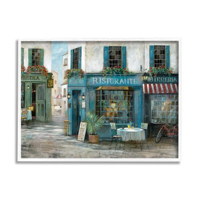 Stupell Industries Traditional Village Plaza Architecture Restaurant Patio Scene, Designed by Ruane Manning White Framed Wall Art, 20 x 16, Blue